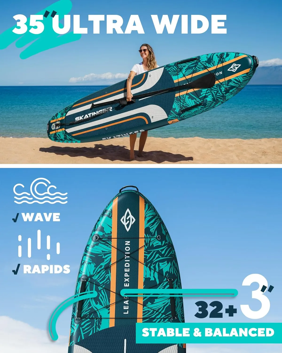 11'635" Super Wide Inflatable Paddle Board, Ultra Stable Stand Up Paddleboards for 450lb/3 People/Family/Big Size, Shoulder Strap, 5 Handles, 100L Backpack, All-Round Sup Board, US Fin