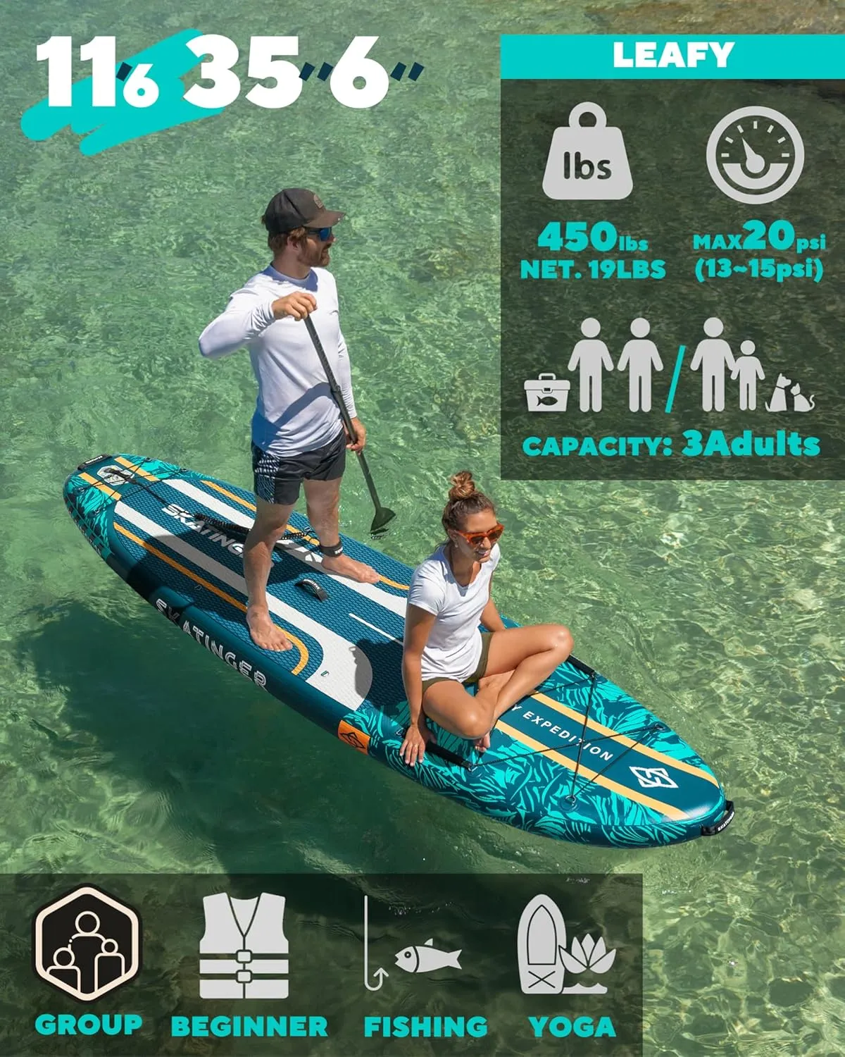11'635" Super Wide Inflatable Paddle Board, Ultra Stable Stand Up Paddleboards for 450lb/3 People/Family/Big Size, Shoulder Strap, 5 Handles, 100L Backpack, All-Round Sup Board, US Fin