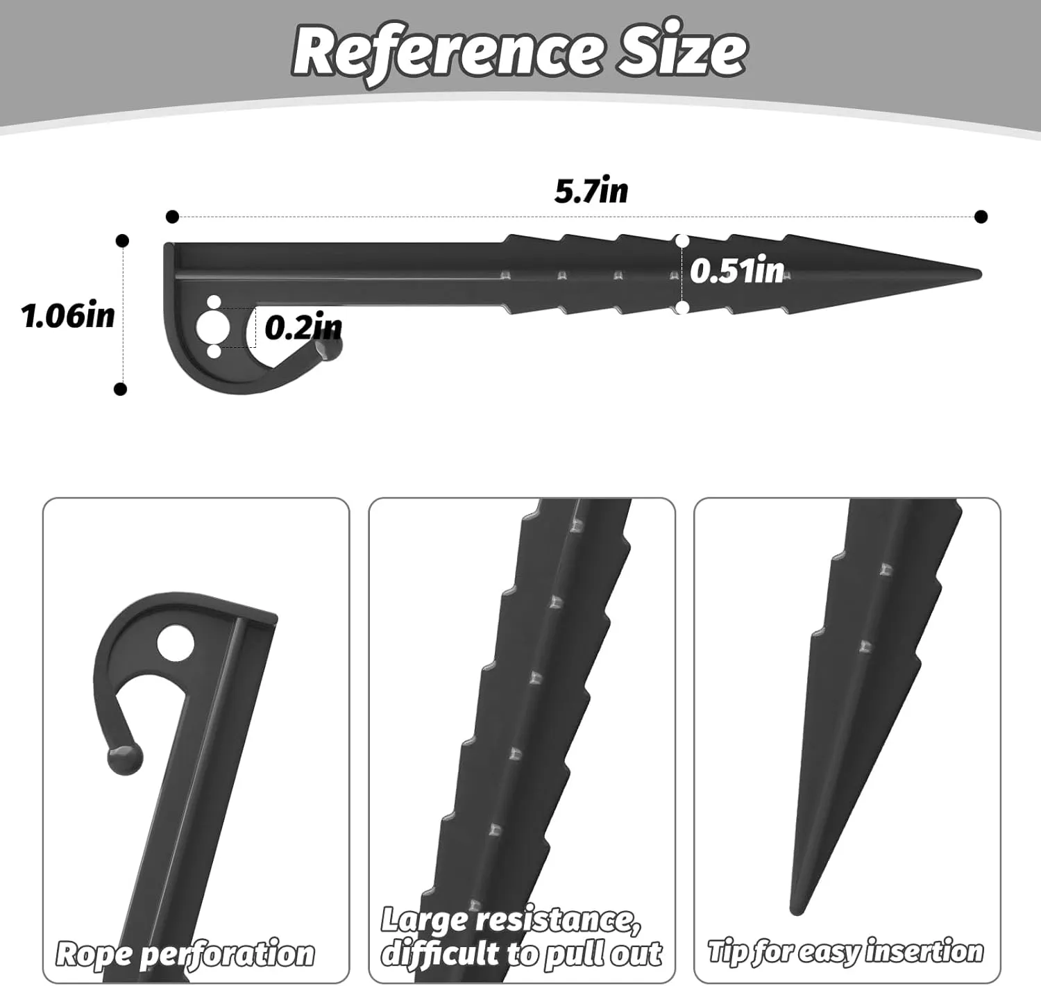 12 Pack Plastic Tent Stakes,5.7 inches, Ideal for Sand, Camping, Backpacking, Beach, Garden, and Lawn use. Durable, Rust-Resistant, and Reliable Support.(Black)