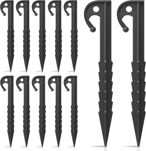 12 Pack Plastic Tent Stakes,5.7 inches, Ideal for Sand, Camping, Backpacking, Beach, Garden, and Lawn use. Durable, Rust-Resistant, and Reliable Support.(Black)
