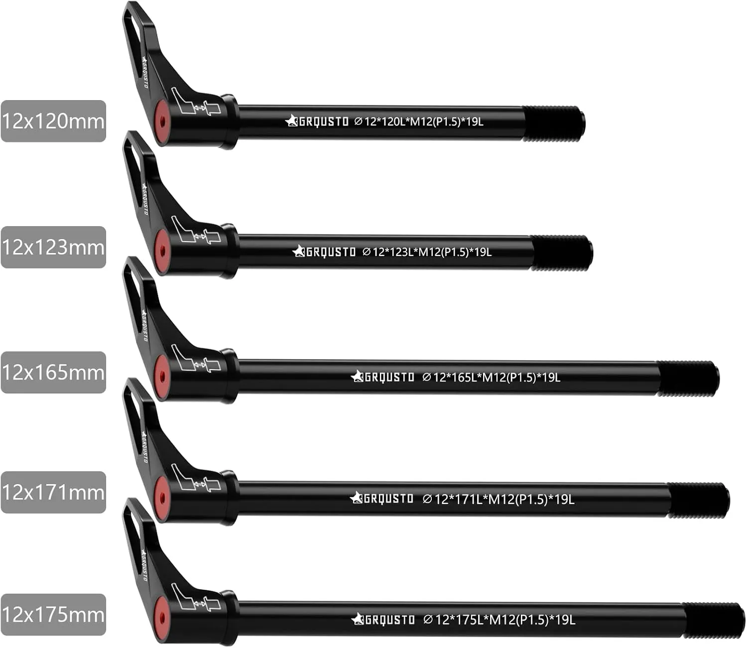1.5mm Thread Pitch Front Rear Quick Release Thru Axles for Bicyle Suspension Forks Rigid Forks and Bike Rear Frame, Free Rotating Handle Road Mountain Bike Axle: 12mm x 120mm to 175mm Includes 5 Size