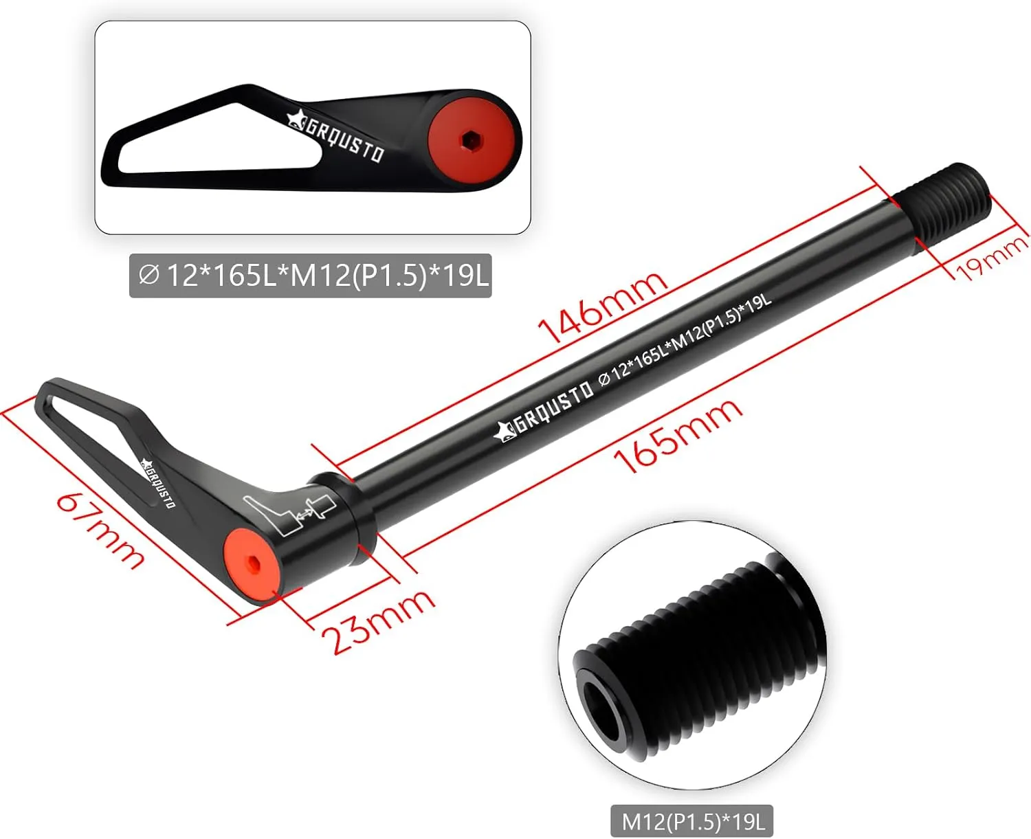 1.5mm Thread Pitch Front Rear Quick Release Thru Axles for Bicyle Suspension Forks Rigid Forks and Bike Rear Frame, Free Rotating Handle Road Mountain Bike Axle: 12mm x 120mm to 175mm Includes 5 Size