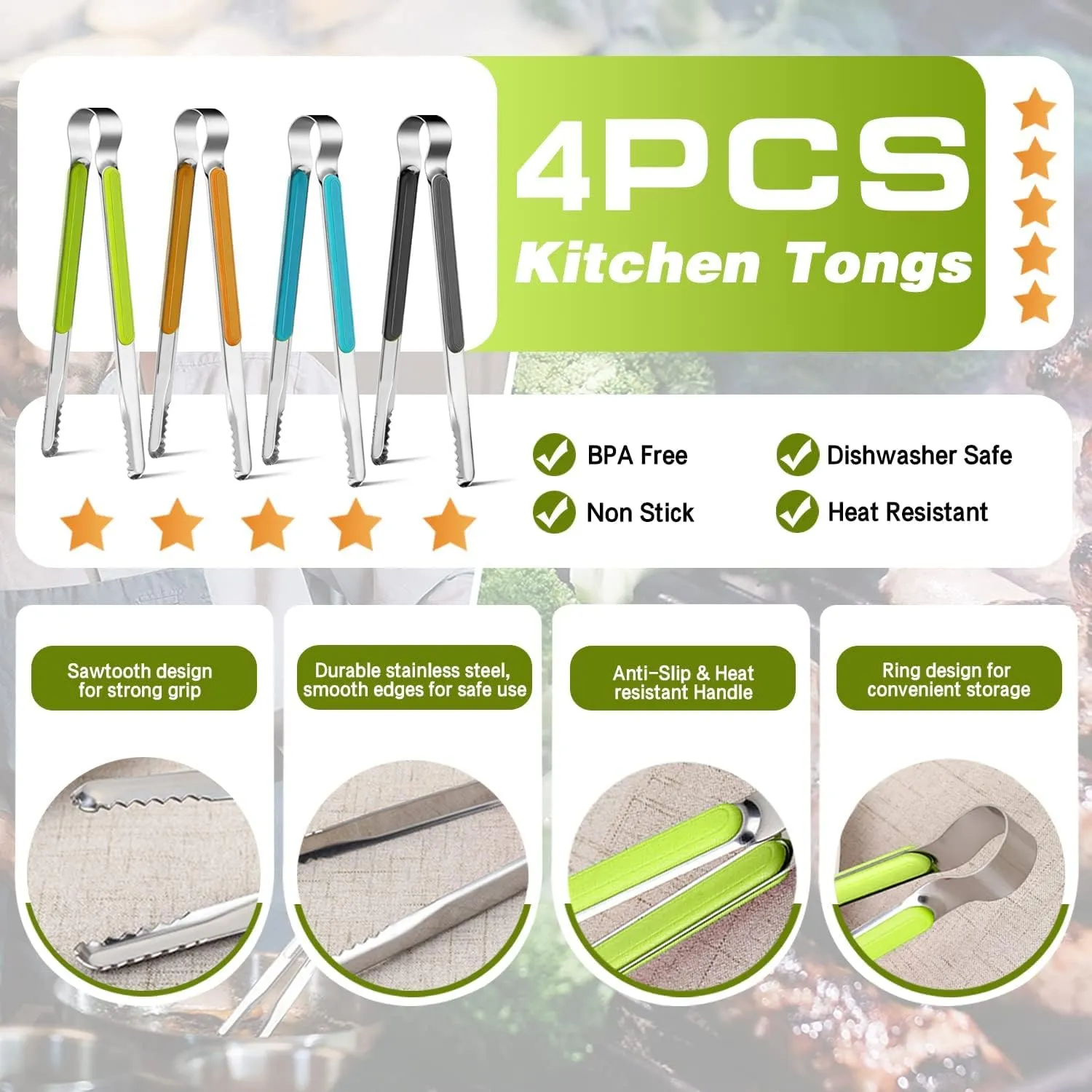 4Pcs Stainless Steel Kitchen Tongs for Cooking - 10" Metal Food Tongs With Non-Slip Comfort Grip, High Heat Resistant for BBQ, Non-Stick, Grilling and Serving
