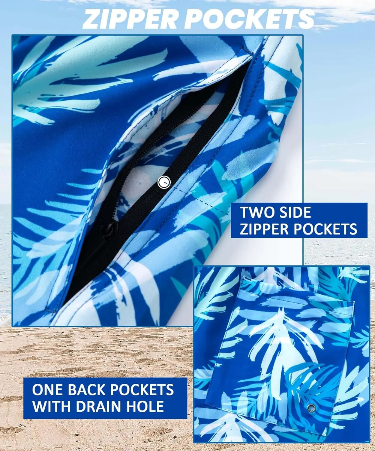 Aueyan Mens Swim Trunks 5.5 inch with Compression Liner Zipper Pockets,Quick Dry Swimsuit Trunks Funny Beach Board Shorts