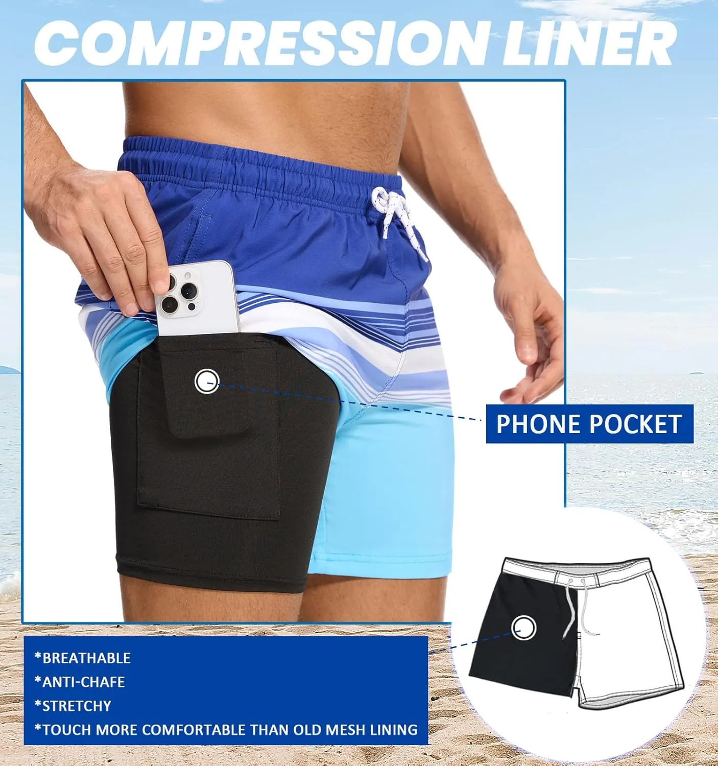 Aueyan Mens Swim Trunks 5.5 inch with Compression Liner Zipper Pockets,Quick Dry Swimsuit Trunks Funny Beach Board Shorts