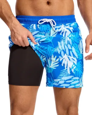 Aueyan Mens Swim Trunks 5.5 inch with Compression Liner Zipper Pockets,Quick Dry Swimsuit Trunks Funny Beach Board Shorts