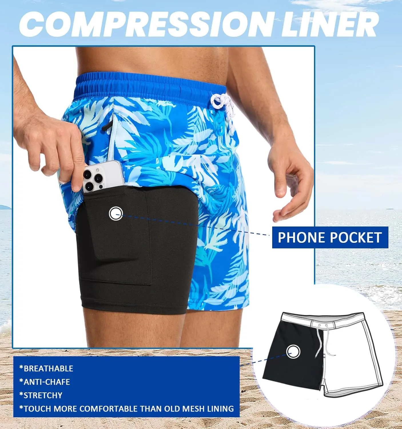 Aueyan Mens Swim Trunks 5.5 inch with Compression Liner Zipper Pockets,Quick Dry Swimsuit Trunks Funny Beach Board Shorts