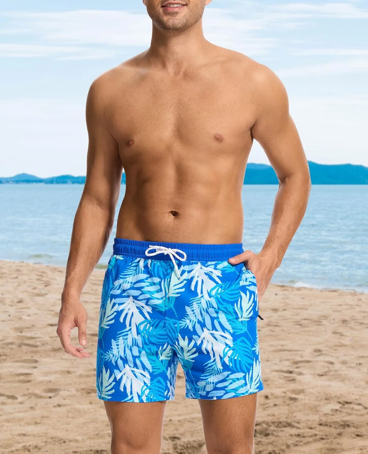 Aueyan Mens Swim Trunks 5.5 inch with Compression Liner Zipper Pockets,Quick Dry Swimsuit Trunks Funny Beach Board Shorts