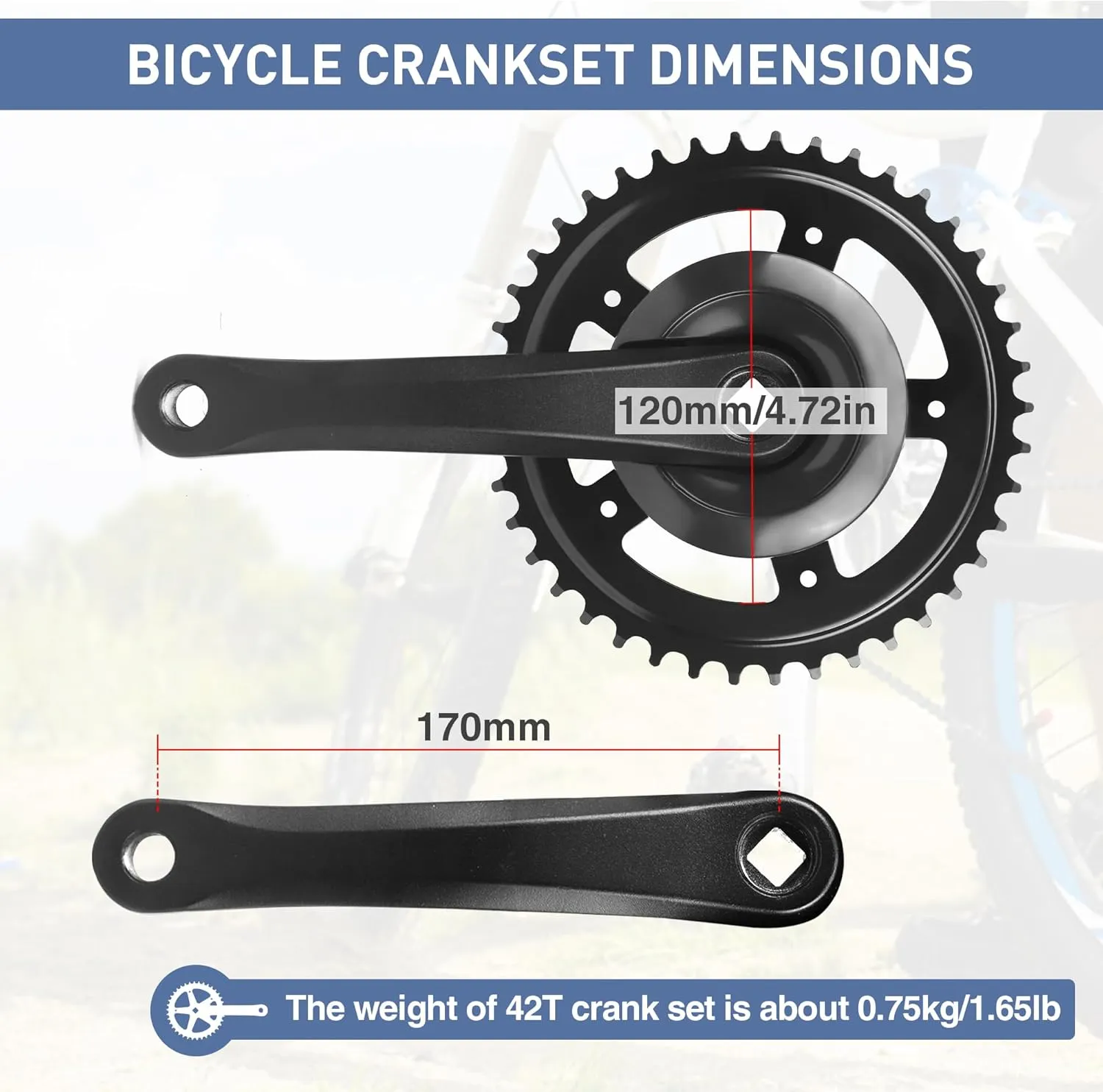 Bike Crankset 38T/42T - 170mm Universal Square Crankset Set Charing Crank Set with 170mm Aluminium Alloy Arm for Single/1/6/7/8 Speeds Ladies Bike/Folding Bike/Cruiser Bike/Mountain Bike, Black/Sliver