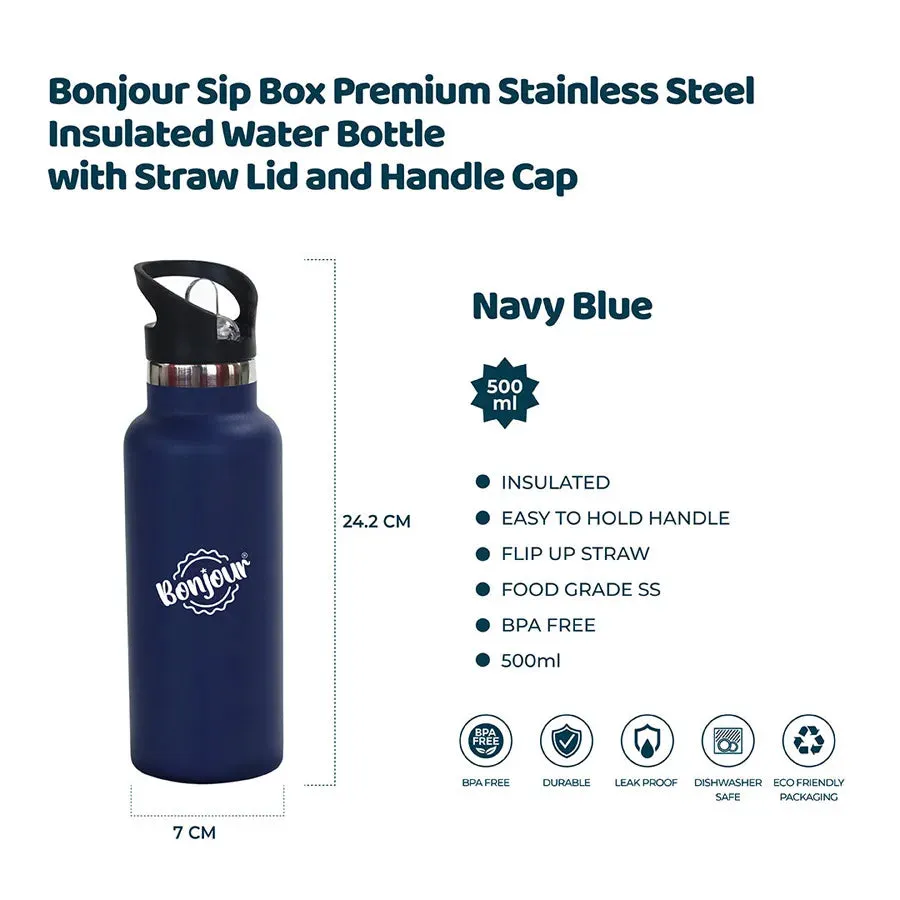 Bonjour Sip Box Premium Stainless Steel Insulated Water Bottle with Straw Lid and Handle Cap 500 ml,BPA-Free (Navy Blue)