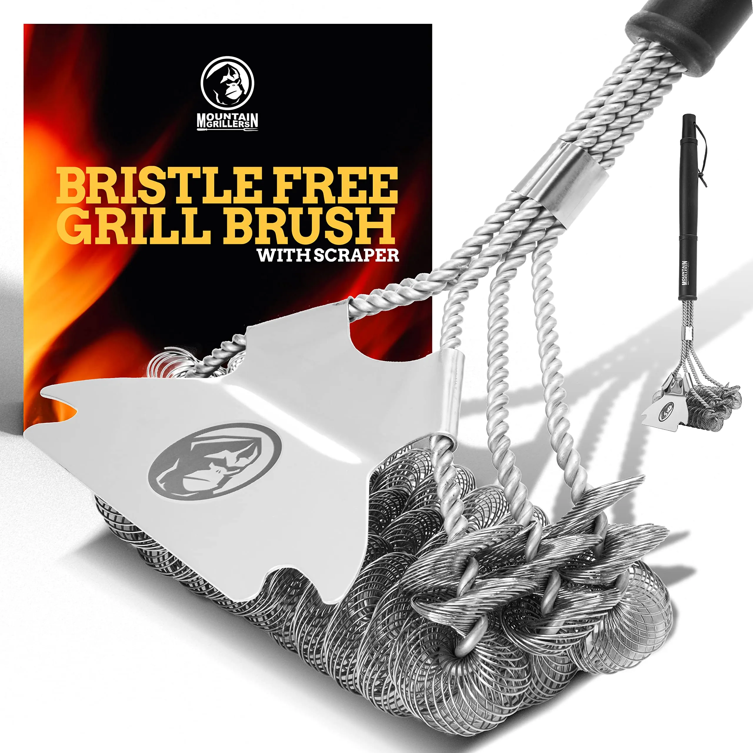 Bristle Free Grill Brush With  Scraper - Prevent Flare Ups For That Perfect Checkerboard Steak