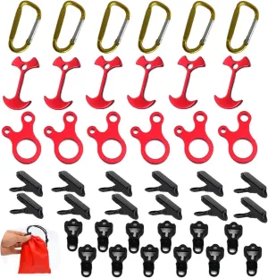 BSGB 43PCS Aluminum Alloy Fish Bone Anchor Deck Plank Board Tent Stakes D Carabiner Wind Rope Buckle 3 Hole Guyline Adjuster Tent Cord Rope Tensioner Alligator Camping Tent Awning Tarp