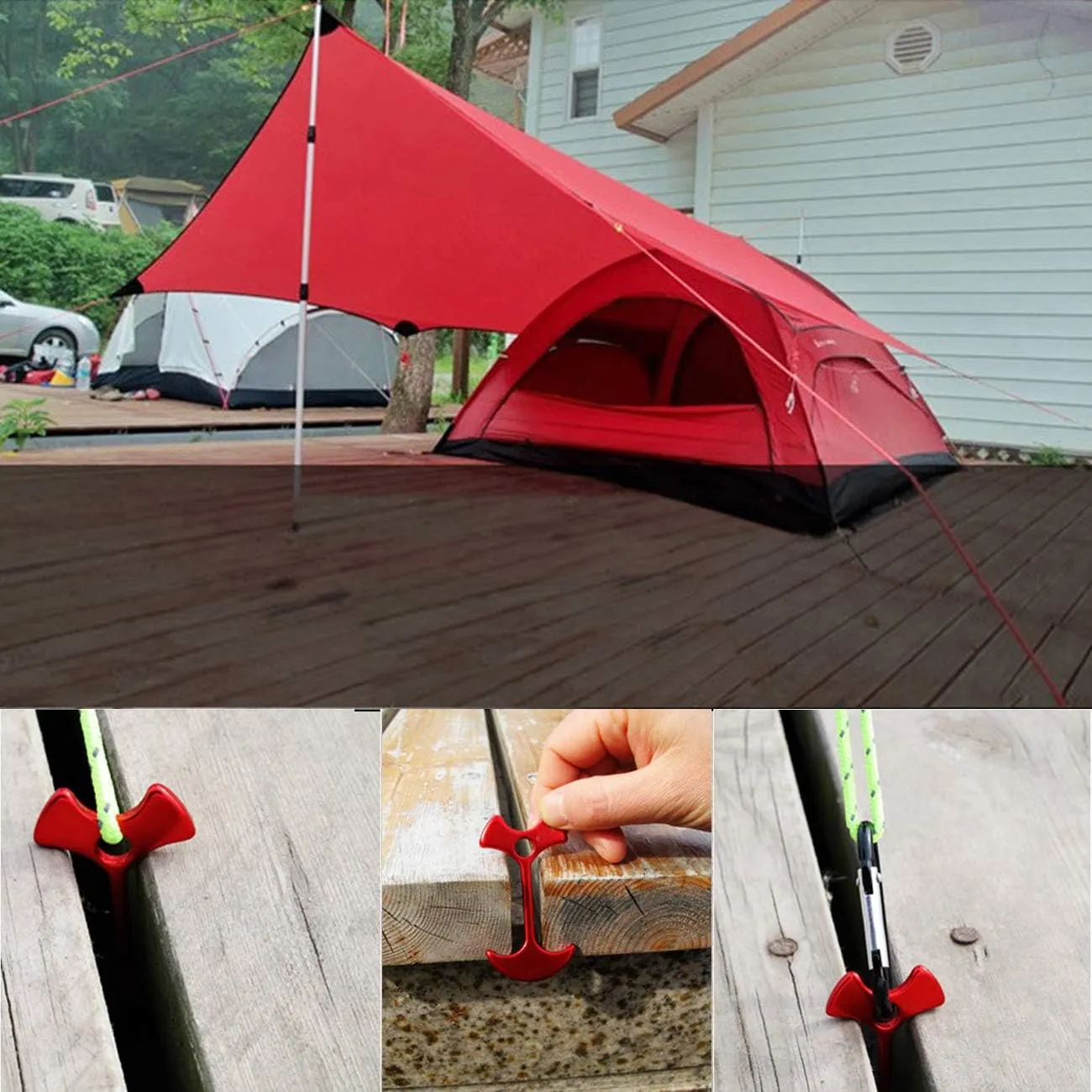 BSGB 43PCS Aluminum Alloy Fish Bone Anchor Deck Plank Board Tent Stakes D Carabiner Wind Rope Buckle 3 Hole Guyline Adjuster Tent Cord Rope Tensioner Alligator Camping Tent Awning Tarp