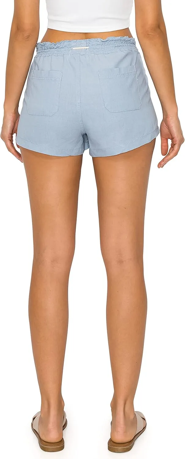 Cali1850 Women's Casual Linen Shorts - Drawstring Smocked Waist Oceanside Lounge Beach Printed Pants with Pockets