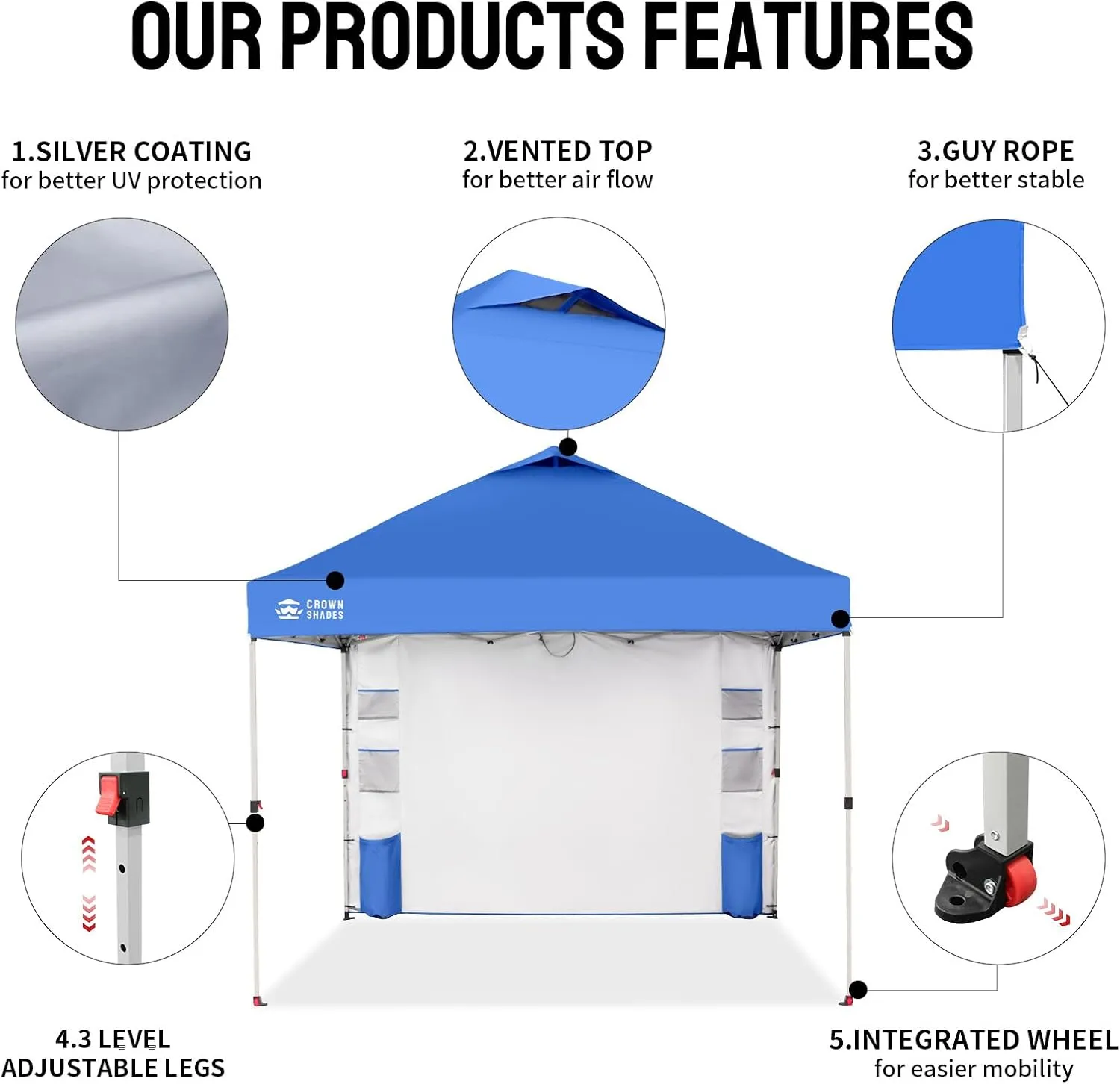 CROWN SHADES Canopy Tent 10x10 Pop Up Canopy Outdoor Shade with Pockets Sidewall, Easy Up Sun Shelter with One Person Set Up Center Lock, Portable Instant Camping Beach Canopy Tents, Blue