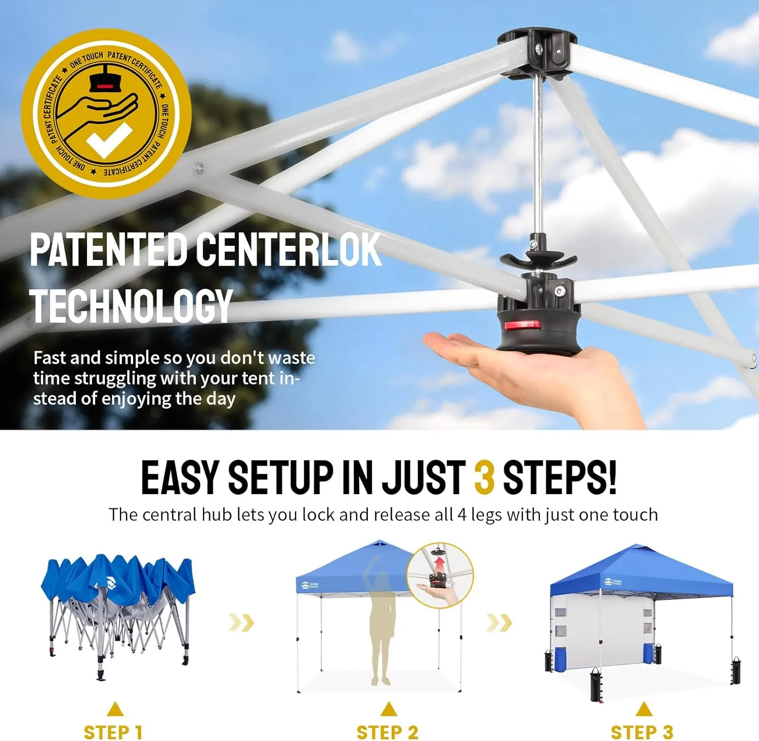 CROWN SHADES Canopy Tent 10x10 Pop Up Canopy Outdoor Shade with Pockets Sidewall, Easy Up Sun Shelter with One Person Set Up Center Lock, Portable Instant Camping Beach Canopy Tents, Blue