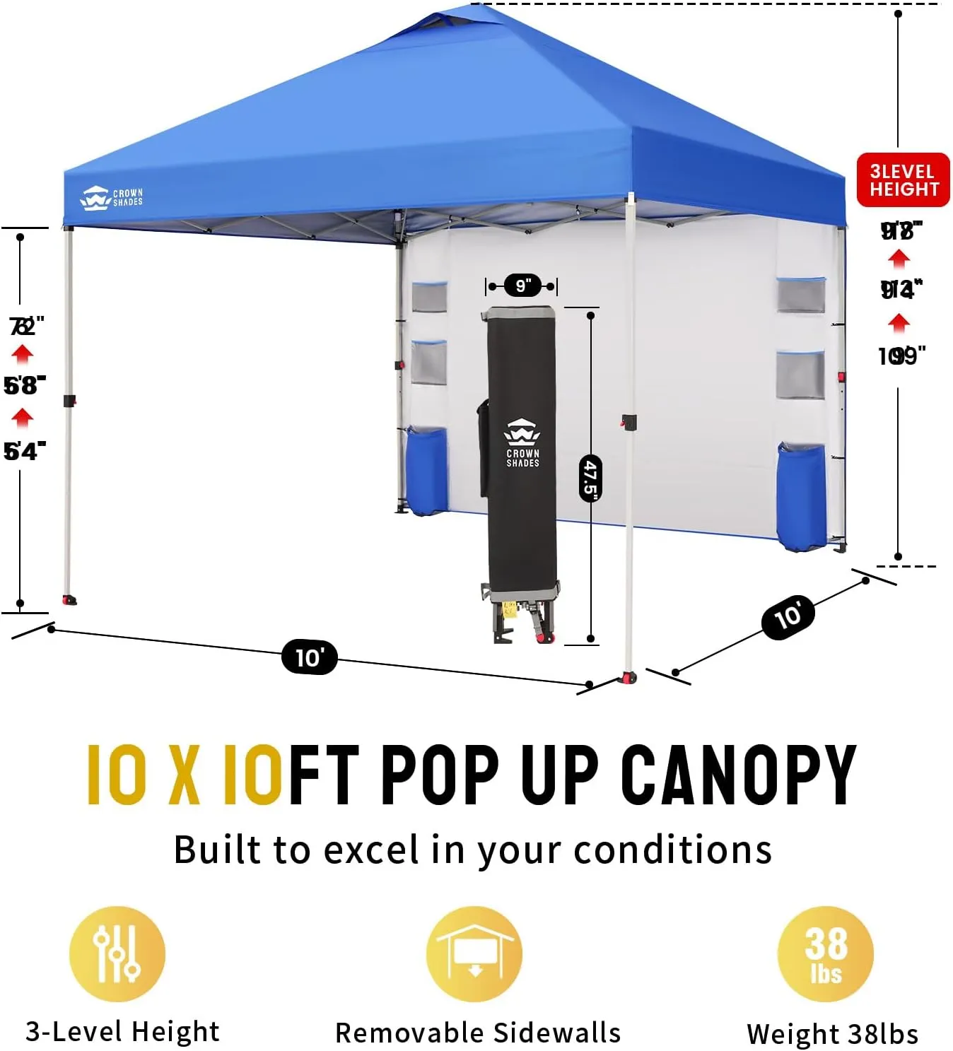CROWN SHADES Canopy Tent 10x10 Pop Up Canopy Outdoor Shade with Pockets Sidewall, Easy Up Sun Shelter with One Person Set Up Center Lock, Portable Instant Camping Beach Canopy Tents, Blue