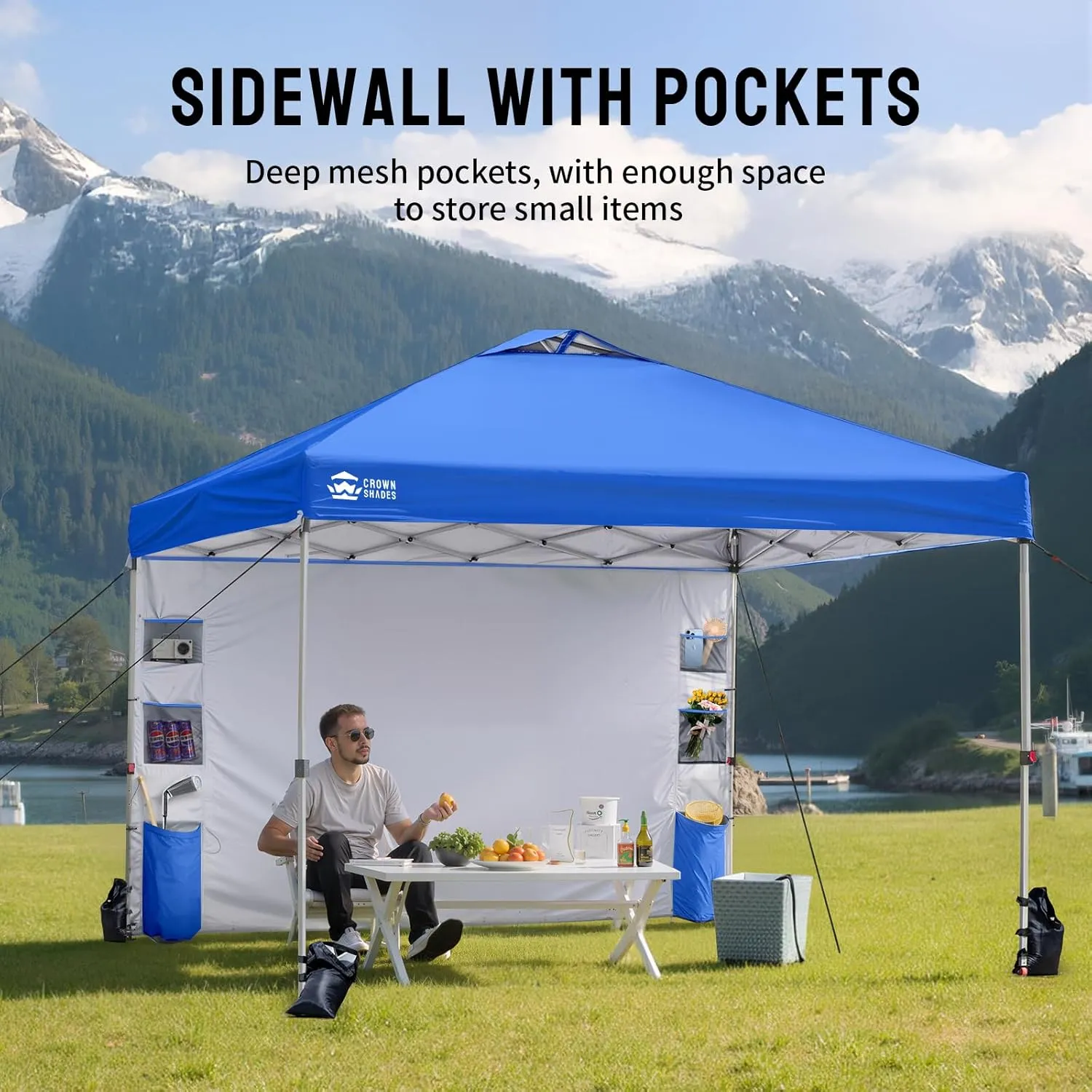 CROWN SHADES Canopy Tent 10x10 Pop Up Canopy Outdoor Shade with Pockets Sidewall, Easy Up Sun Shelter with One Person Set Up Center Lock, Portable Instant Camping Beach Canopy Tents, Blue