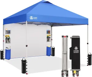 CROWN SHADES Canopy Tent 10x10 Pop Up Canopy Outdoor Shade with Pockets Sidewall, Easy Up Sun Shelter with One Person Set Up Center Lock, Portable Instant Camping Beach Canopy Tents, Blue