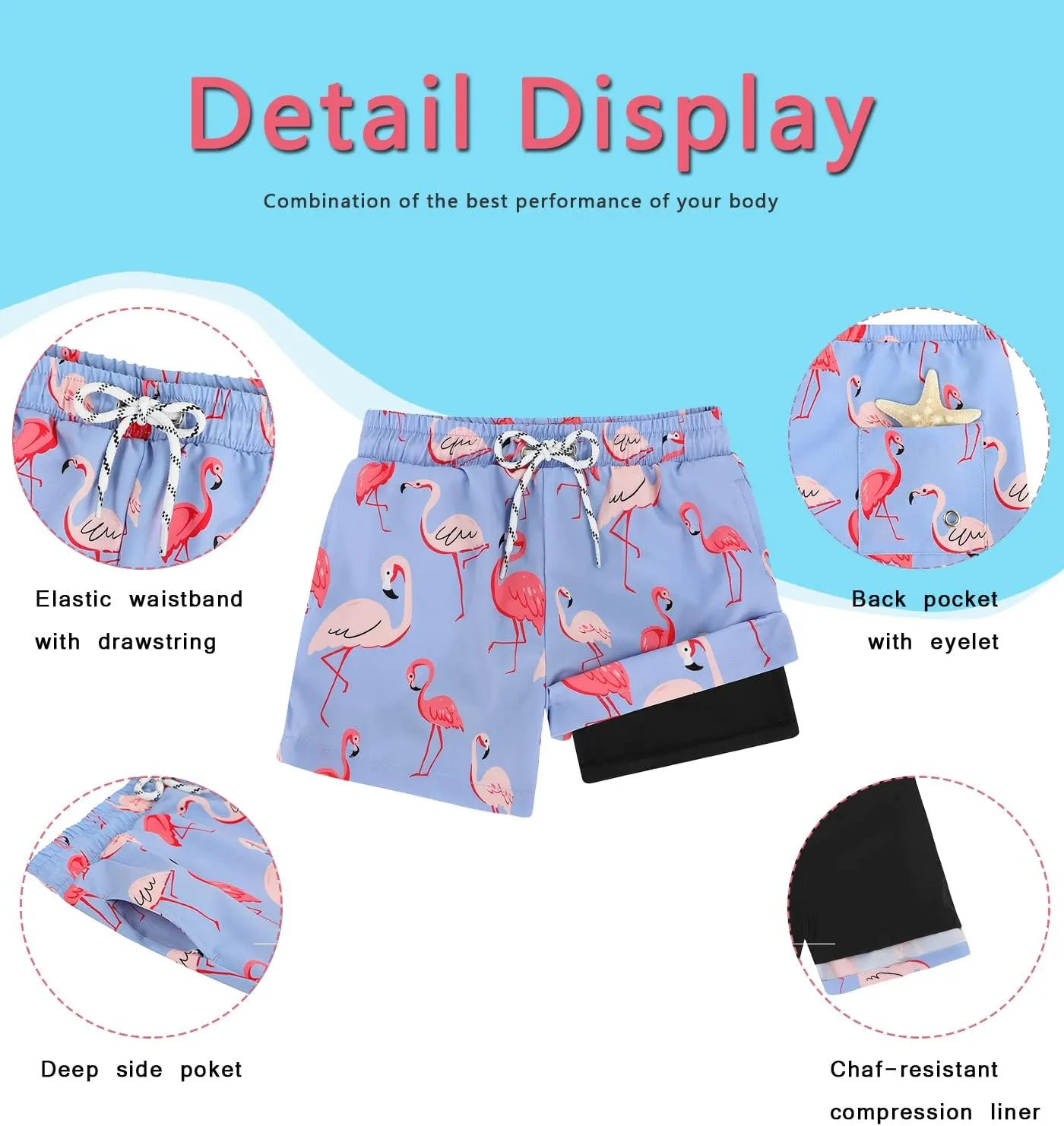 CULACCINO Boys Swim Trunks Boxer Brief Liner Anti Chafe Toddler Swim Shorts Boy Bathing Suit with Compression Liner 2-16T