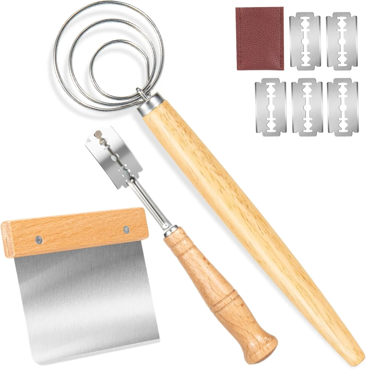 Danish Dough Whisk - Bread Whisk Set of 3 pieces, Bread Making Tools and Supplies, Danish Sourdough Whisks, Dutch Whisks for Dough, With Dough Scraper Sourdough Cutter, Lame Doughs Scoring Tool Blades