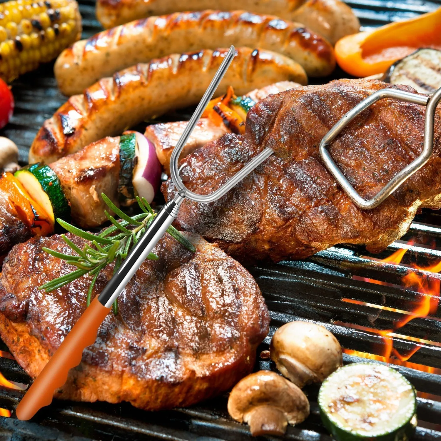 GikPal Marshmallow Roasting Sticks, 6 Pack Extending Stainless Steel Smores Skewers and Hot Dog Forks with Extra Long 45&rsquo;&rsquo; Telescoping Rotating Forks for BBQ Camping, Campfire, Fire Pit and Bonfire (45)