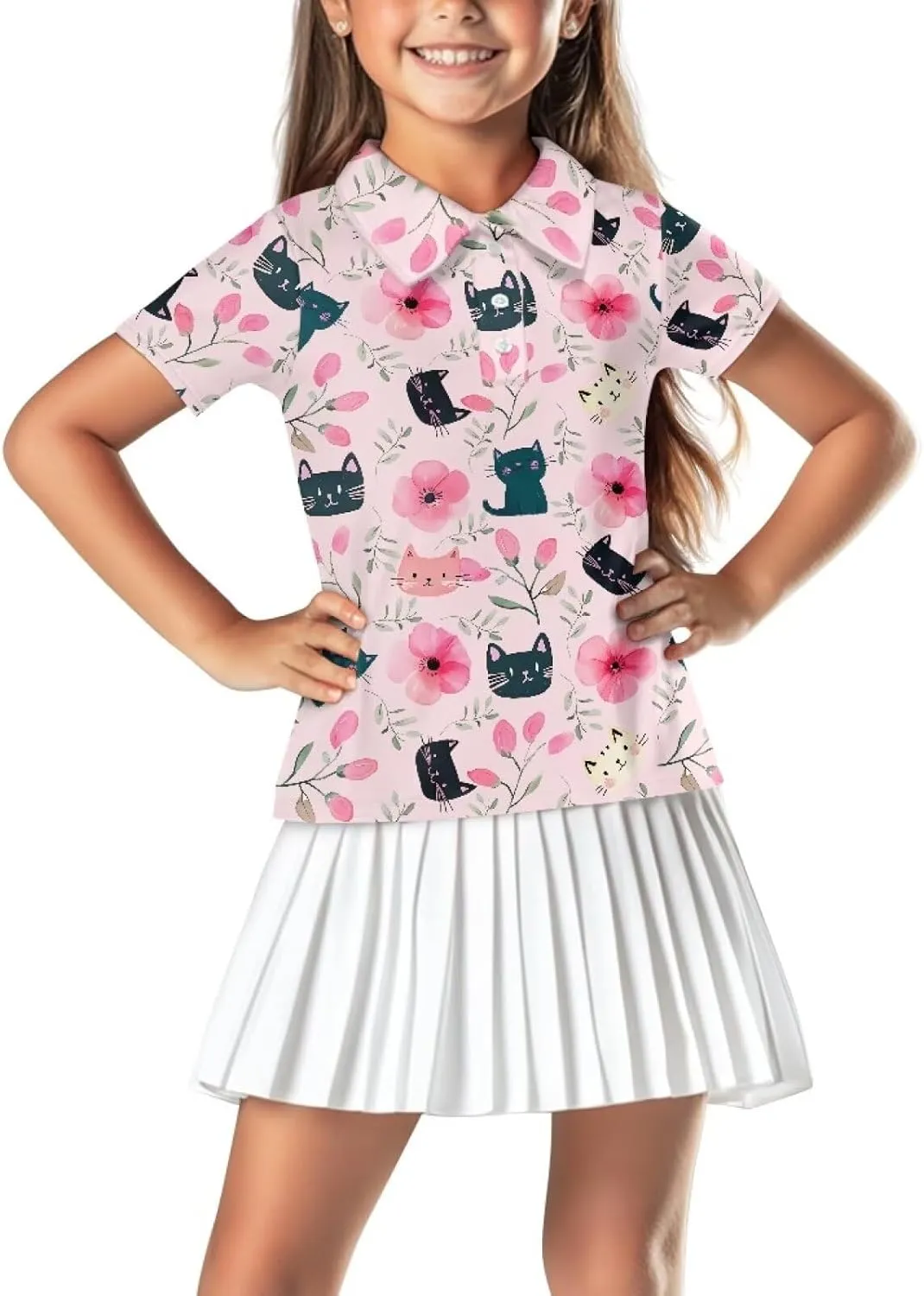 Girls' Button-Down Golf Polo Shirts Size 5-16 Short Sleeve Tops for Tennis