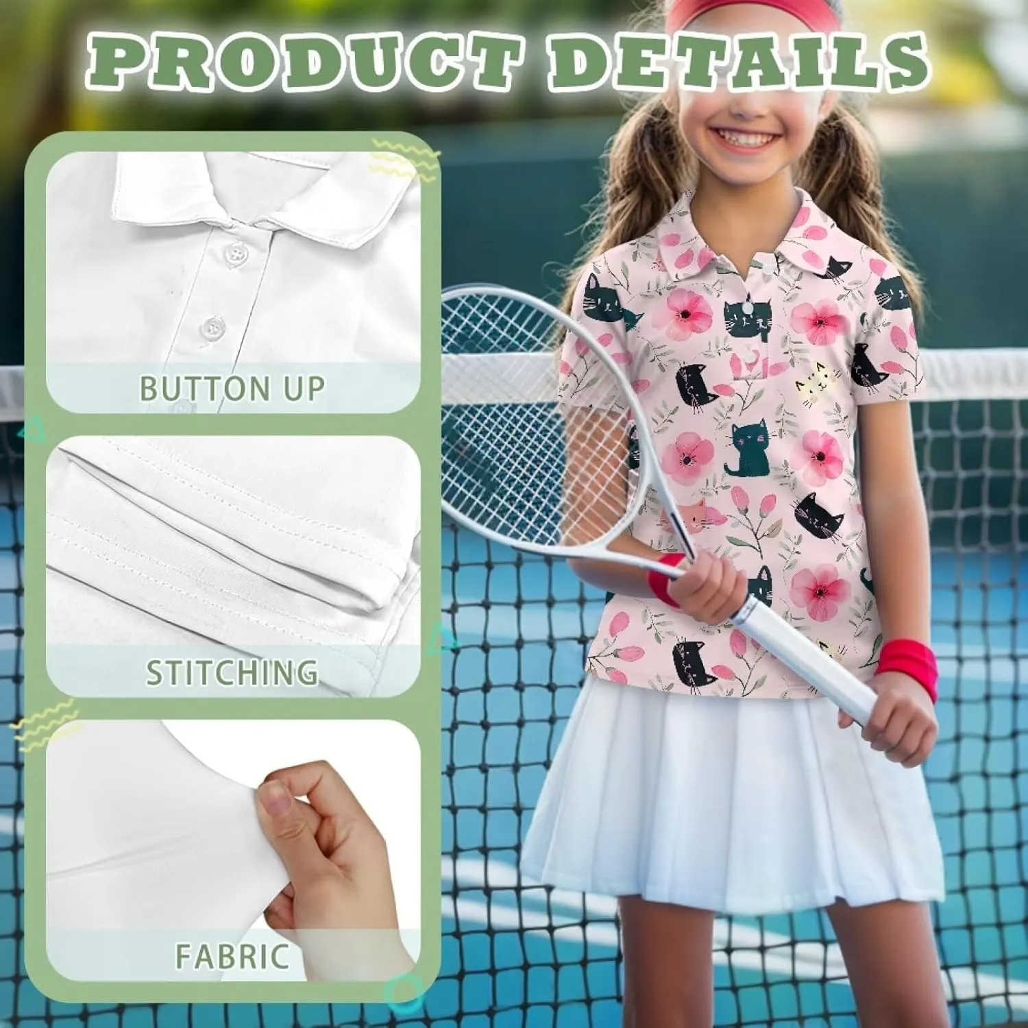 Girls' Button-Down Golf Polo Shirts Size 5-16 Short Sleeve Tops for Tennis