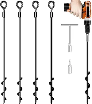 Ground Anchors 26 Screw in Heavy Duty Ground Anchors,Tent Stakes for Camping Tent, Trampoline, Canopies, Carports, Sheds, Swing Sets, Black Anti-Rust Coating for High Wind (4 x 26)
