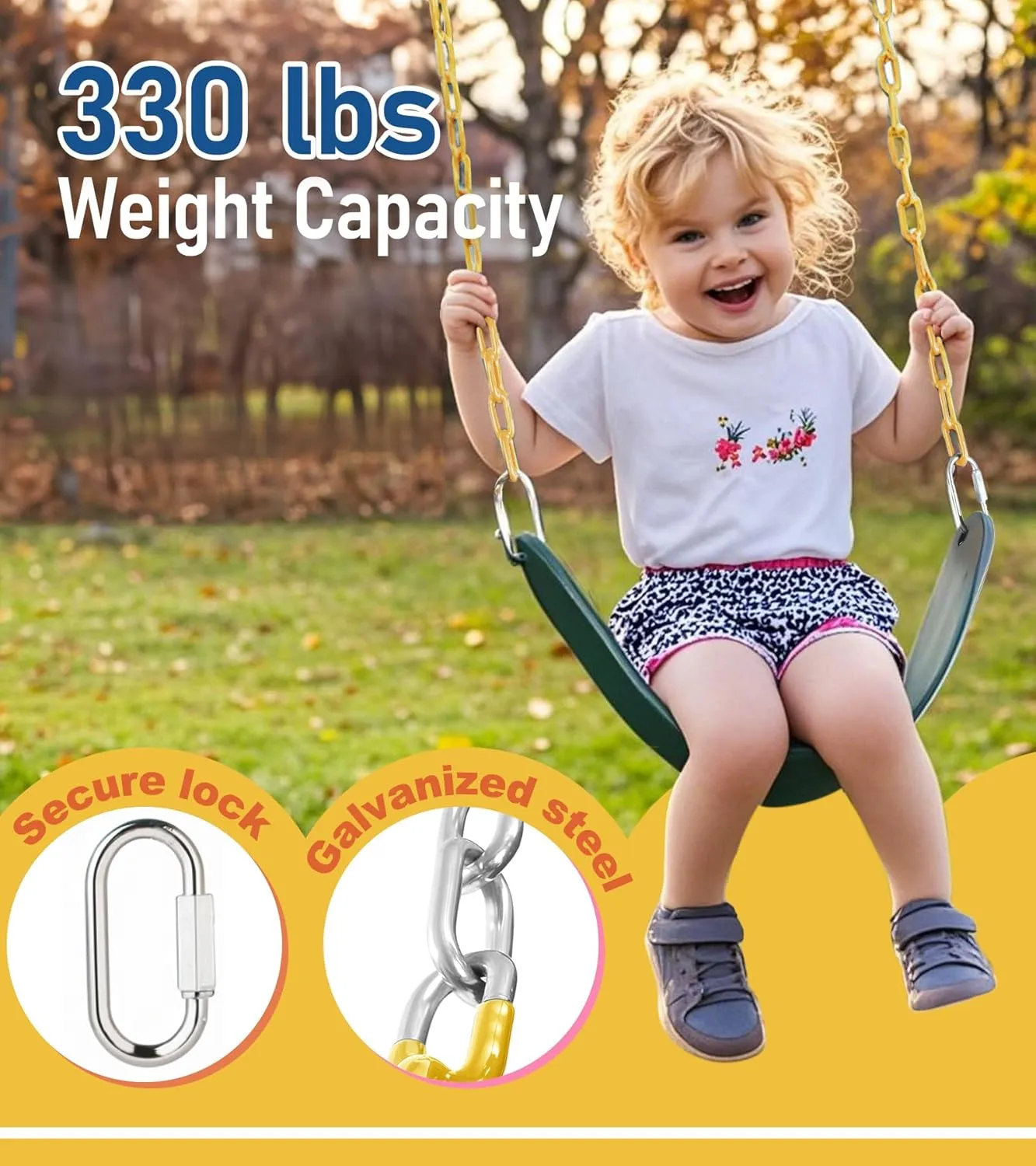 Heavy Duty Swing Seat, 66" Rust-Resistant Chains with 30" PPC-Coated Section, Swing Set Accessories Replacement with Quick Links, Kids Swings Supports 330 lbs for Outdoor Playground, Green