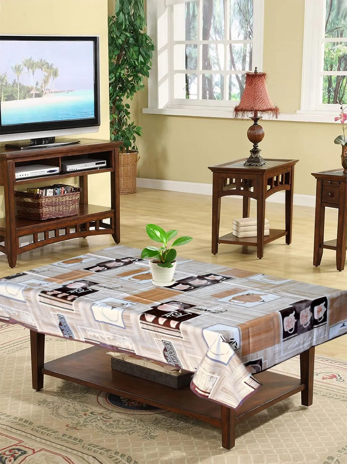 Kuber Industries Kettle Print PVC Center Table Cover/Table Cloth for Home Decorative Luxurious 4 Seater, 60"x36" (Cream) 54KM4265