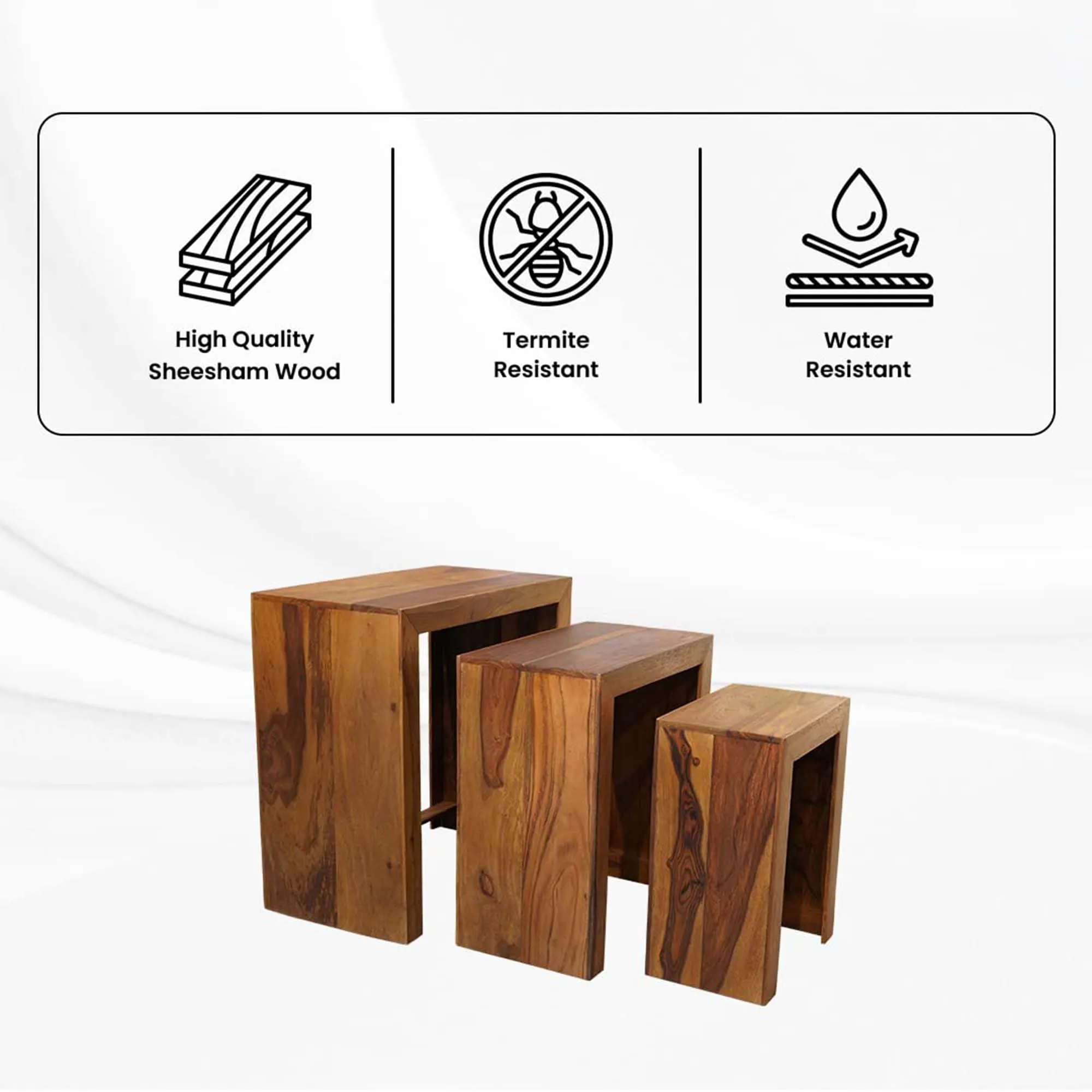 Kuber Industries Set of 3 Handcraft Sheesham Wooden Nesting Table/Stool for Home, Bedroom & Office | Space-Saving Peg Tables for Living Room | Nested Table Furniture | Natural Wooden Brown