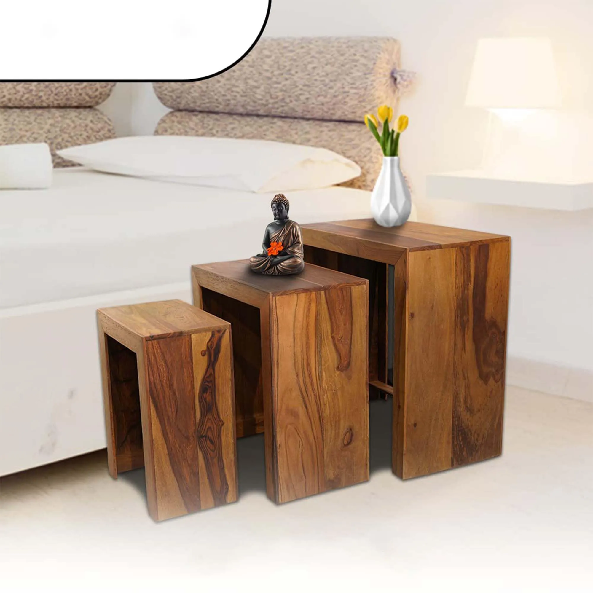 Kuber Industries Set of 3 Handcraft Sheesham Wooden Nesting Table/Stool for Home, Bedroom & Office | Space-Saving Peg Tables for Living Room | Nested Table Furniture | Natural Wooden Brown
