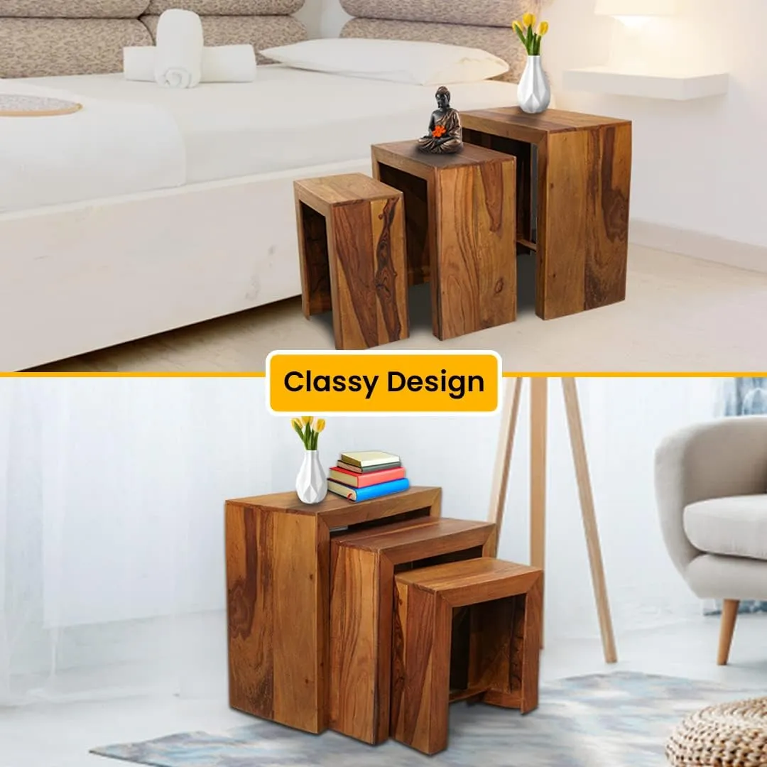 Kuber Industries Set of 3 Handcraft Sheesham Wooden Nesting Table/Stool for Home, Bedroom & Office | Space-Saving Peg Tables for Living Room | Nested Table Furniture | Natural Wooden Brown