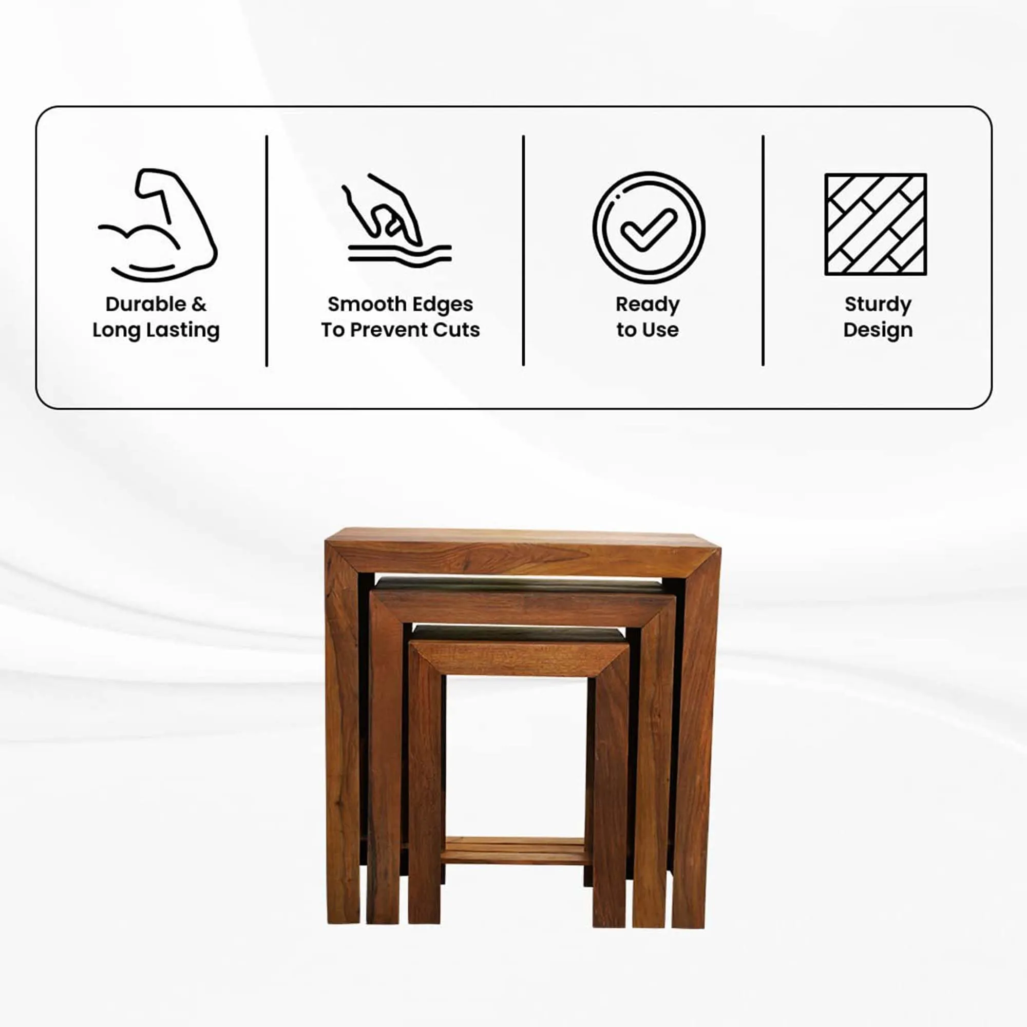 Kuber Industries Set of 3 Handcraft Sheesham Wooden Nesting Table/Stool for Home, Bedroom & Office | Space-Saving Peg Tables for Living Room | Nested Table Furniture | Natural Wooden Brown