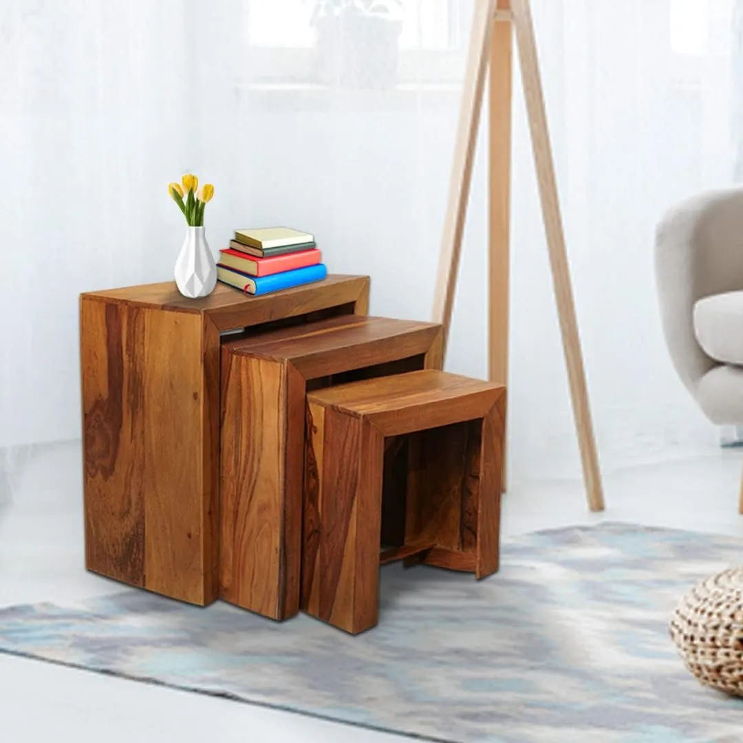 Kuber Industries Set of 3 Handcraft Sheesham Wooden Nesting Table/Stool for Home, Bedroom & Office | Space-Saving Peg Tables for Living Room | Nested Table Furniture | Natural Wooden Brown