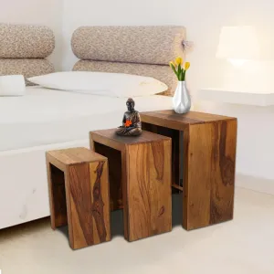 Kuber Industries Set of 3 Handcraft Sheesham Wooden Nesting Table/Stool for Home, Bedroom & Office | Space-Saving Peg Tables for Living Room | Nested Table Furniture | Natural Wooden Brown