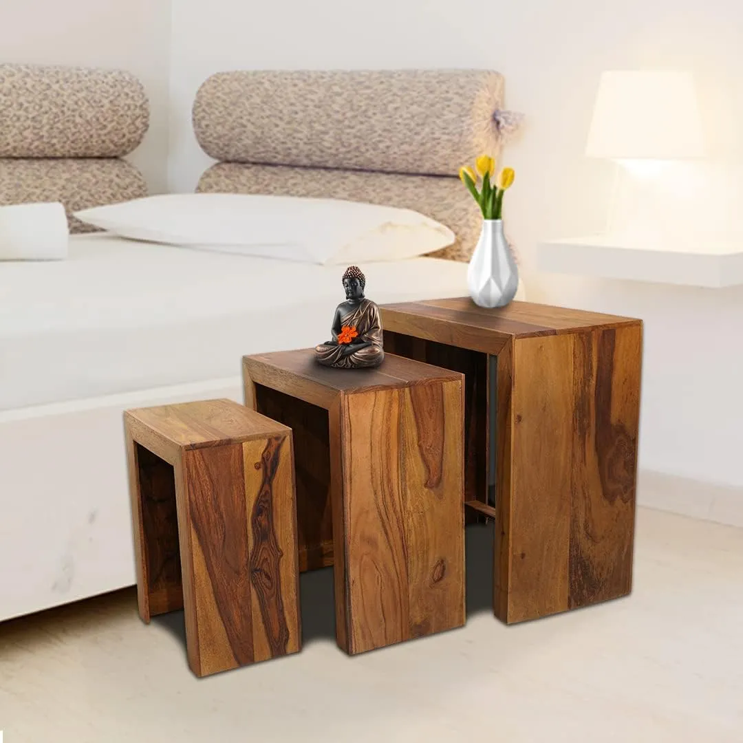 Kuber Industries Set of 3 Handcraft Sheesham Wooden Nesting Table/Stool for Home, Bedroom & Office | Space-Saving Peg Tables for Living Room | Nested Table Furniture | Natural Wooden Brown