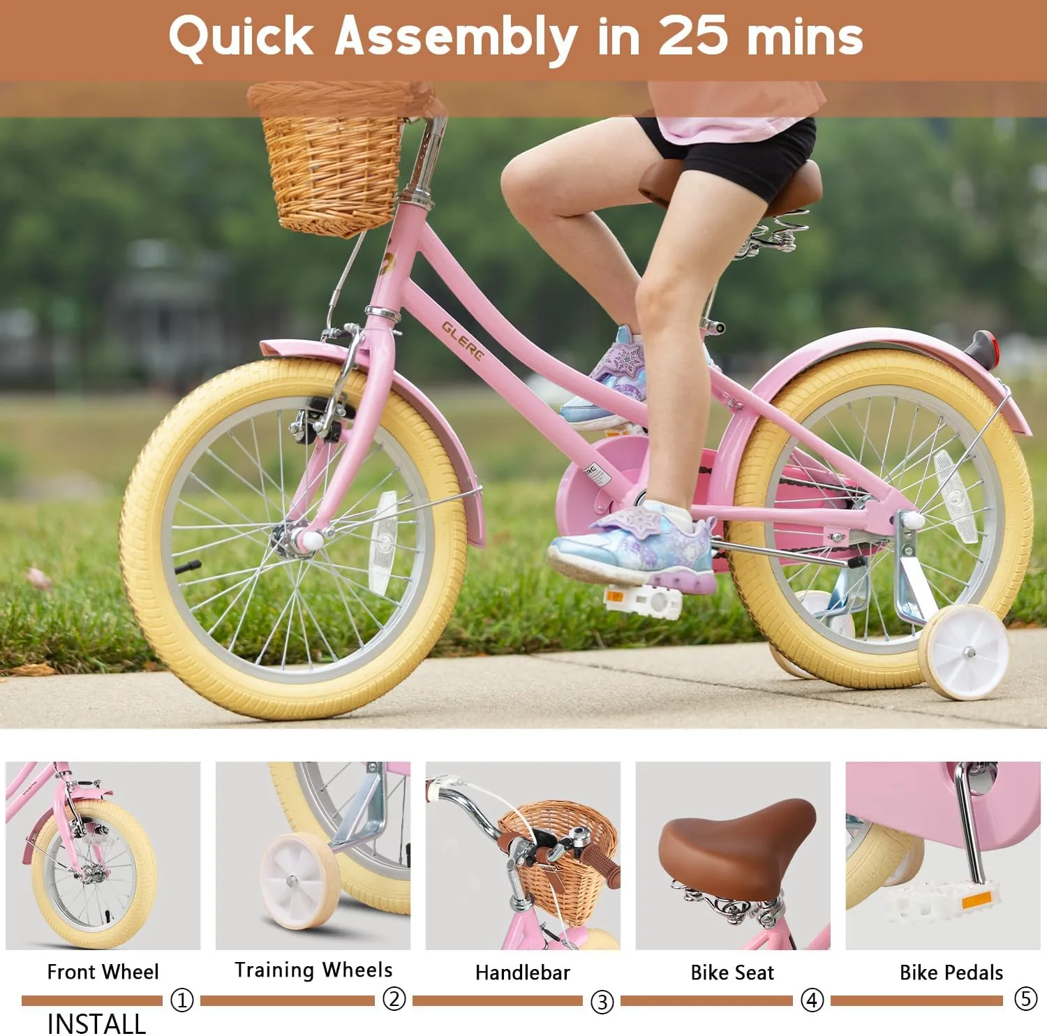 Little Molly 12-20 Inch Kids Retro Cruiser Bike for 2-13 Year Old with Wicker Basket & Training Wheels/Kickstand, Multiple Colors