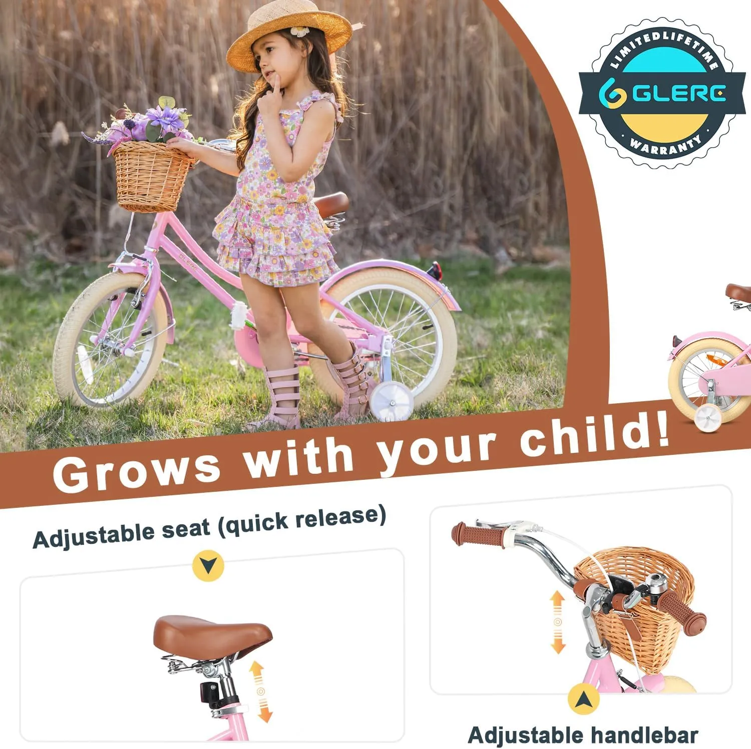 Little Molly 12-20 Inch Kids Retro Cruiser Bike for 2-13 Year Old with Wicker Basket & Training Wheels/Kickstand, Multiple Colors