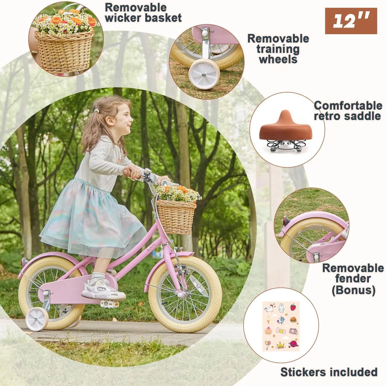 Little Molly 12-20 Inch Kids Retro Cruiser Bike for 2-13 Year Old with Wicker Basket & Training Wheels/Kickstand, Multiple Colors