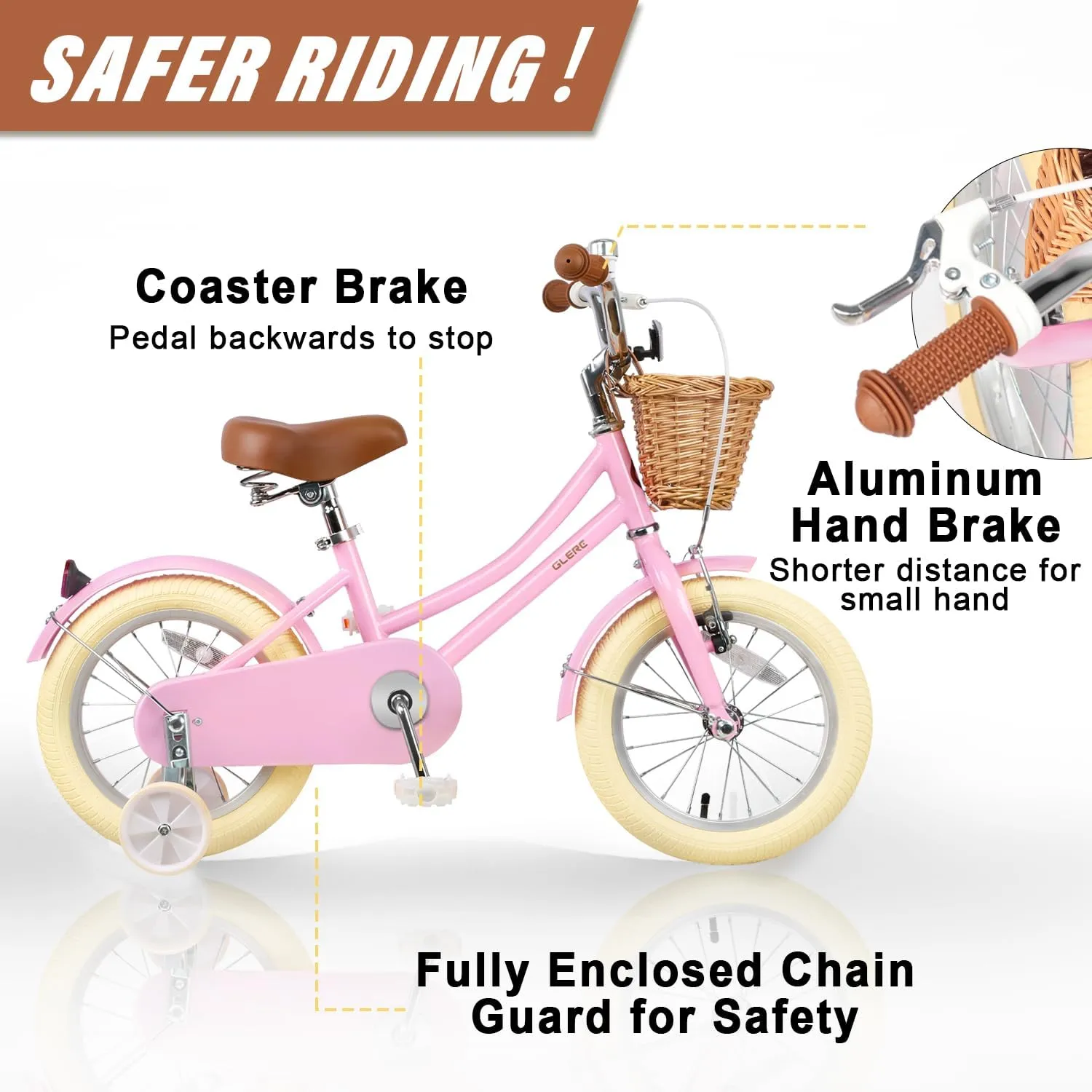 Little Molly 12-20 Inch Kids Retro Cruiser Bike for 2-13 Year Old with Wicker Basket & Training Wheels/Kickstand, Multiple Colors