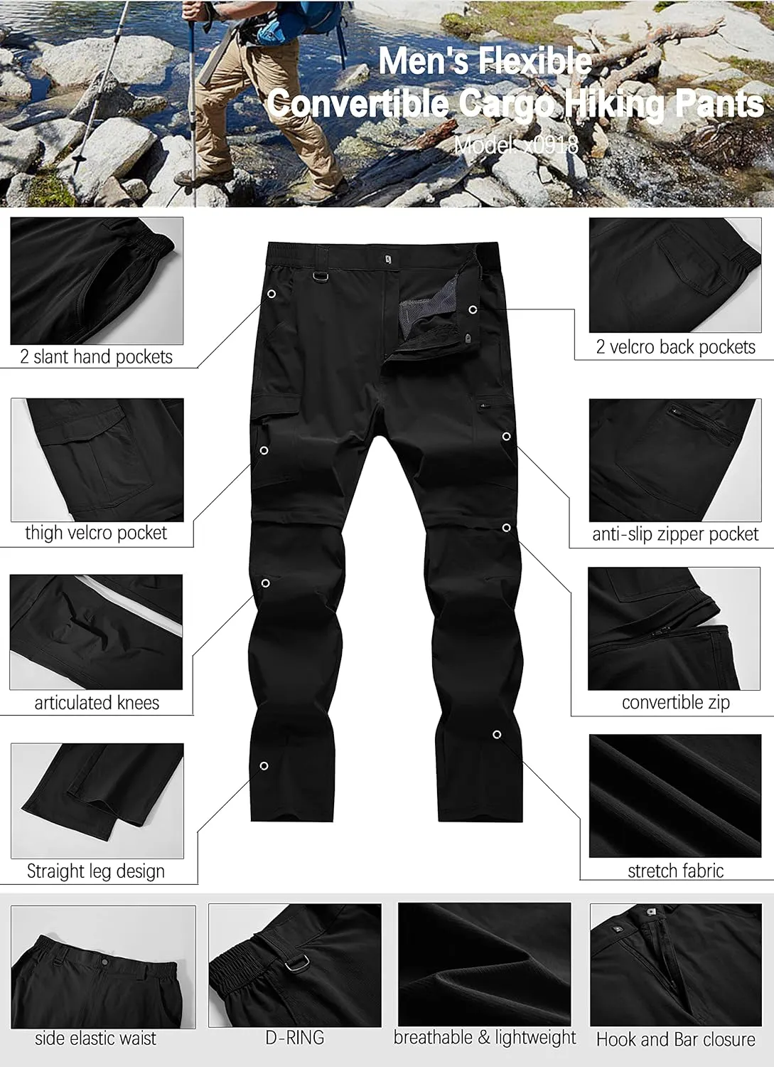 Men's Hiking Pants Convertible Zip Off Lightweight Waterproof Quick Dry Outdoor Fishing Travel Safari Camping