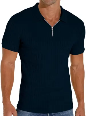 Men's Zip Polo Shirts Short Sleeve Slim Fit Ribbed Muscle Shirt Fashion Golf Tees
