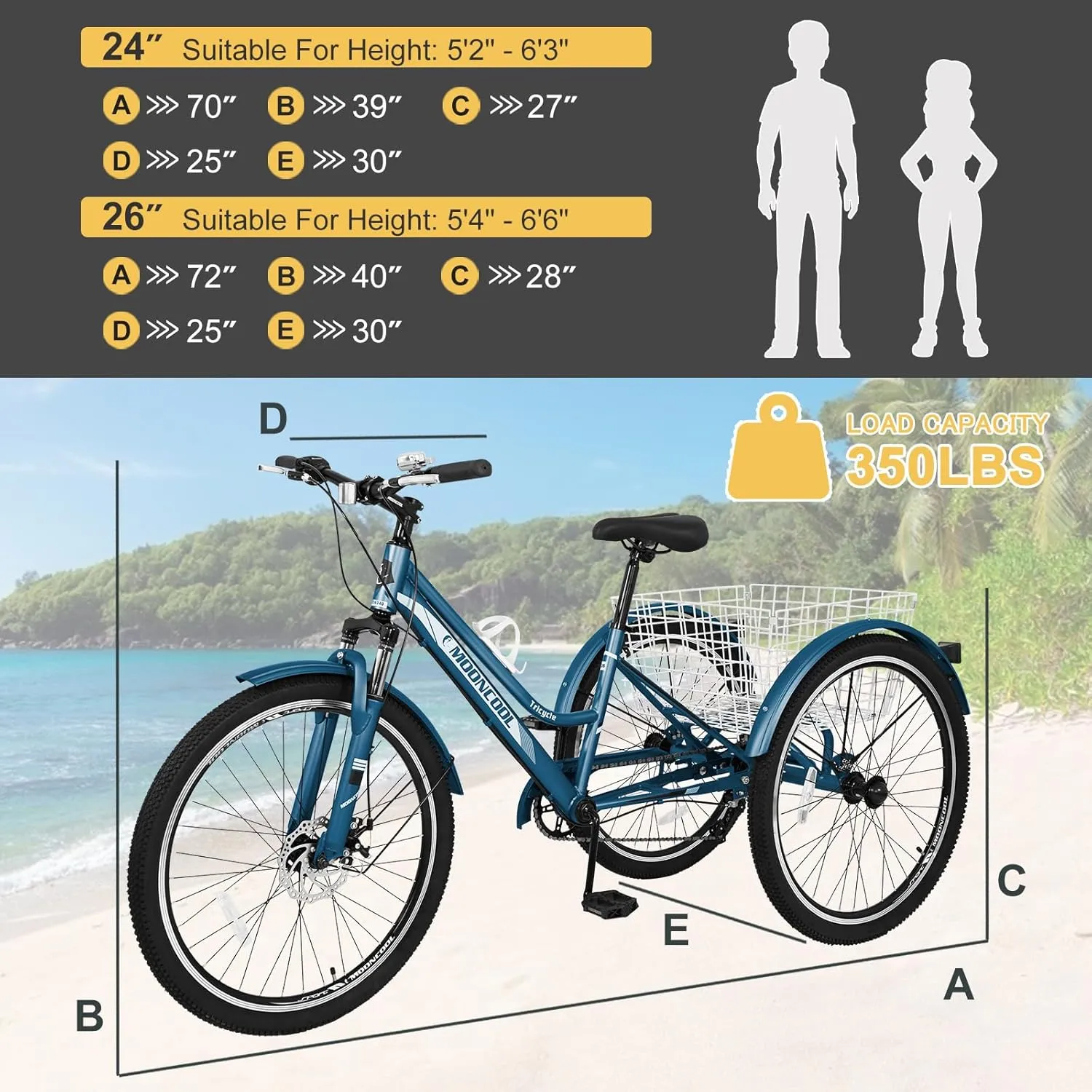 NAIZEA Adult Mountain Tricycle, 7 Speed Three Wheel Cruiser Bike, 27.5 Inch Adults Trikes with Shopping Basket, Exercise Men's Women's Tricycles, Multiple Colors