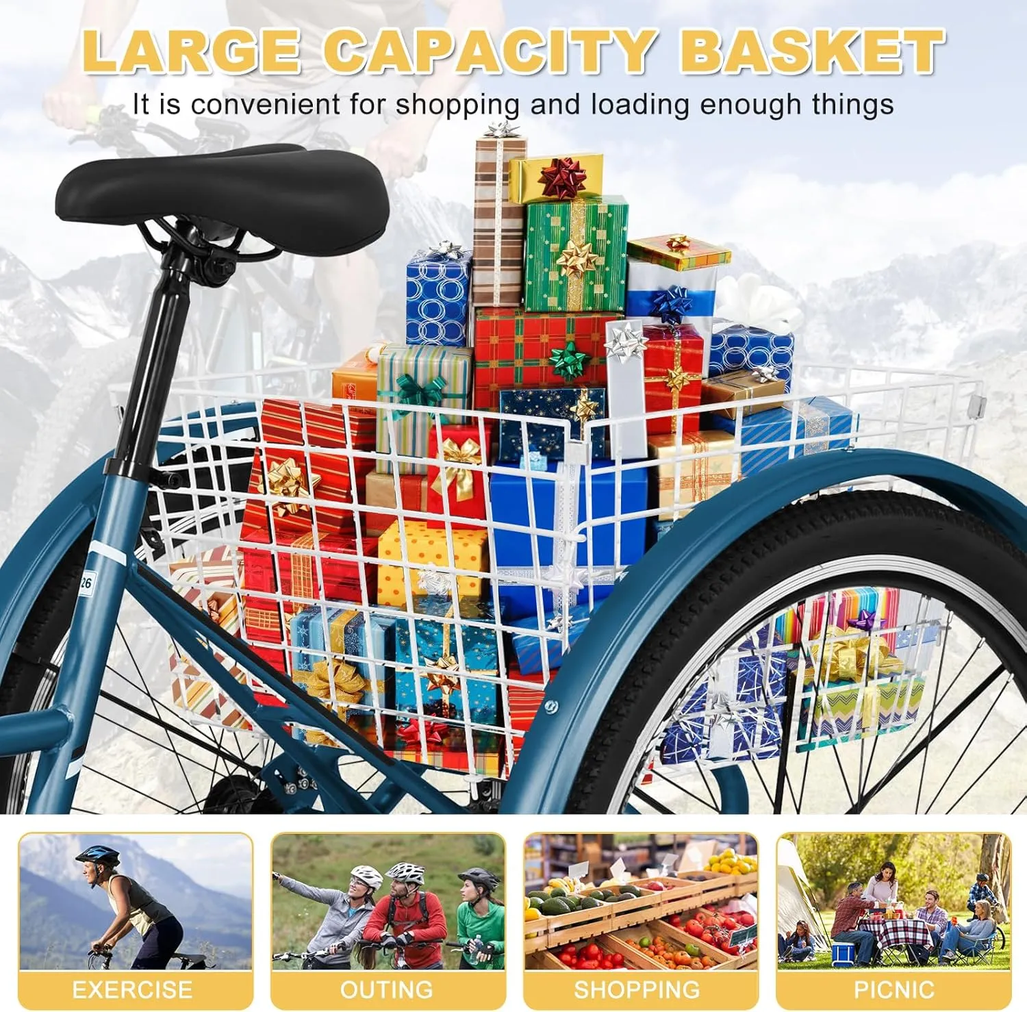 NAIZEA Adult Mountain Tricycle, 7 Speed Three Wheel Cruiser Bike, 27.5 Inch Adults Trikes with Shopping Basket, Exercise Men's Women's Tricycles, Multiple Colors