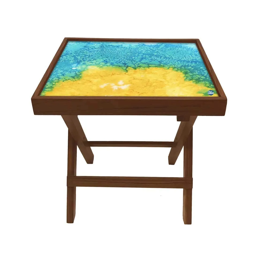 Nutcase Designer Teak Wood Side Table Folding Wooden Bedside Coffee Outdoor Picnic Table - Arctic Space Yellow and Green Watercolor