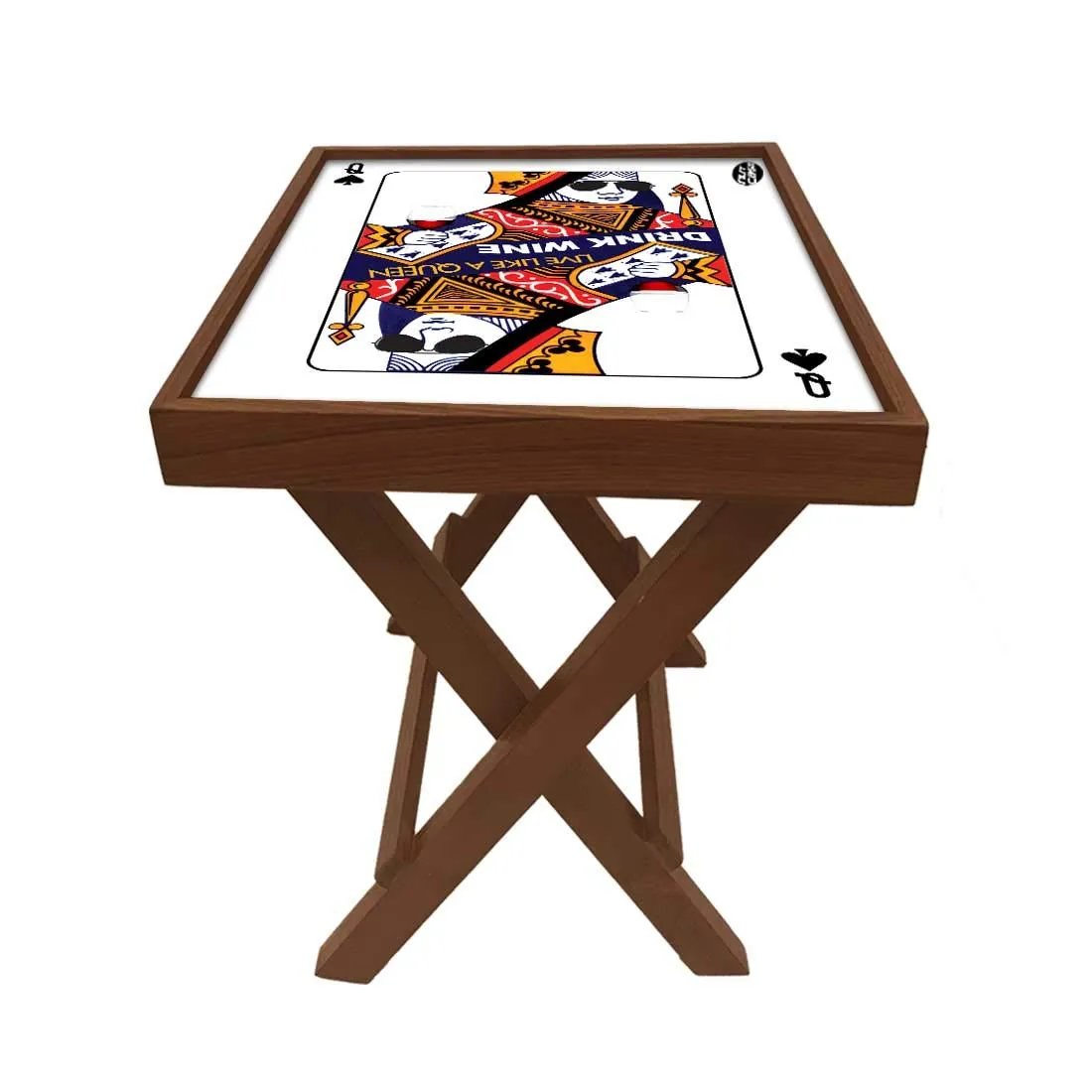 Nutcase Designer Teak Wood Side Table Folding Wooden Bedside Coffee Outdoor Picnic Table - Playing Card Queen