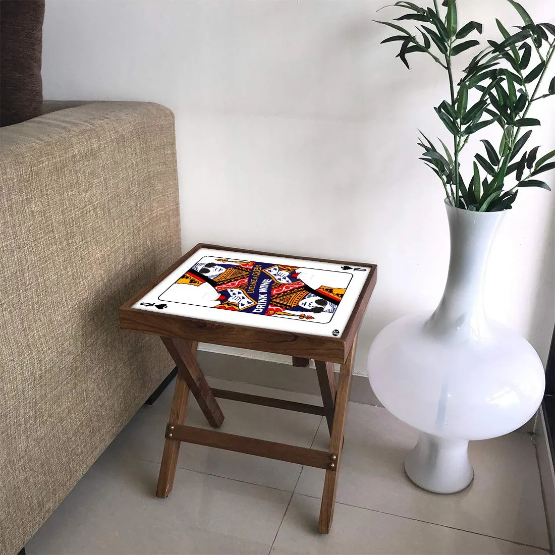 Nutcase Designer Teak Wood Side Table Folding Wooden Bedside Coffee Outdoor Picnic Table - Playing Card Queen