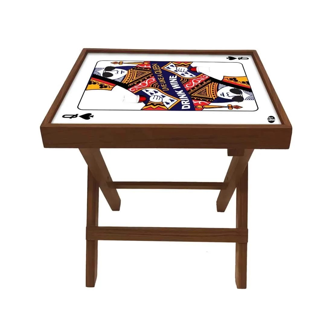 Nutcase Designer Teak Wood Side Table Folding Wooden Bedside Coffee Outdoor Picnic Table - Playing Card Queen
